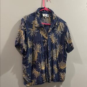 Vintage Hawaiian Shirt Women’s Blue and Gold Pineapple Print Shirt